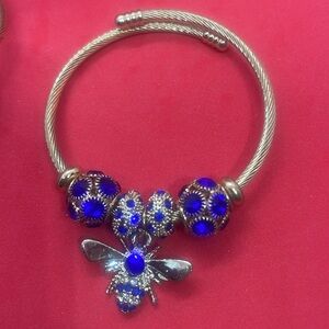 Stainless Steel Butterfly  blue Beads Bracelet Adjustable Crystals